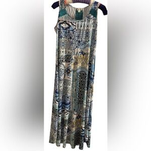 World Unity Boho Maxi Dress M Blue Yellow Patchwork Print Lace Trim Y2K Vibes